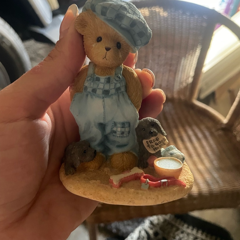 Cherished Teddies Brown Bear with Blue Overalls and Puppies